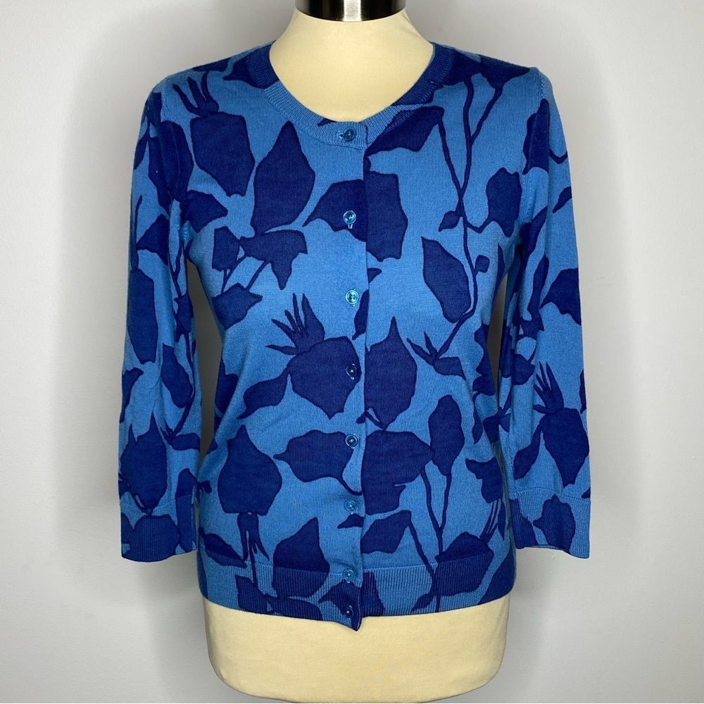 Talbots Pure Merino Wool Button Front Blue Floral Cardigan Sweater